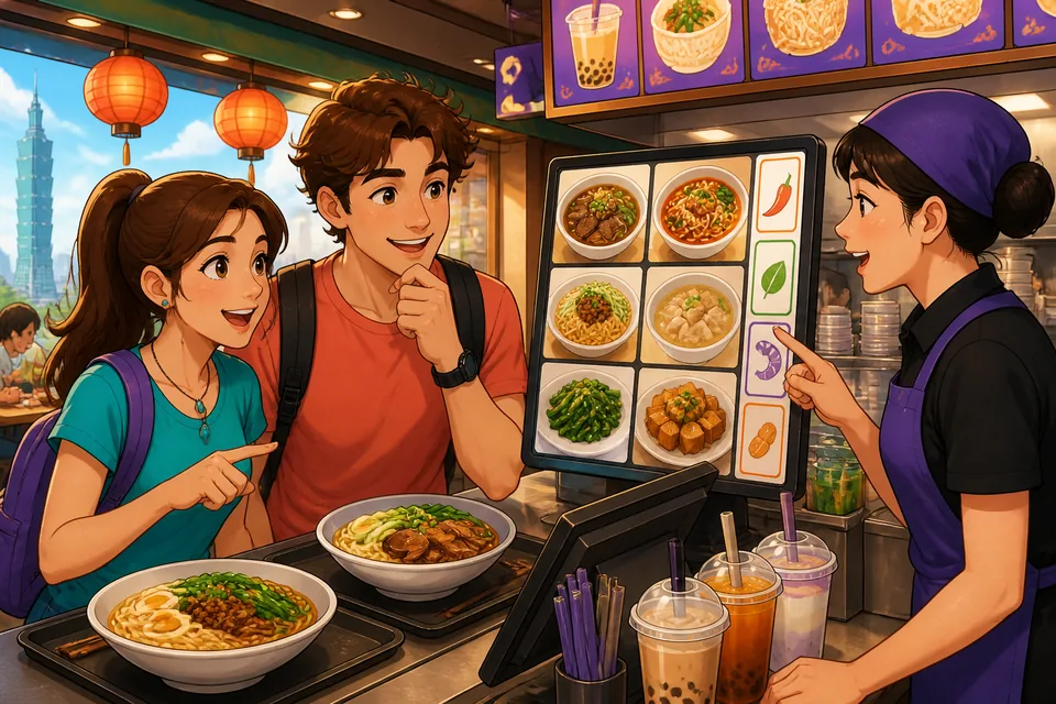 Anna and David order food together at a bright café in Taiwan, using Traditional Chinese Taiwan Mandarin phrases about allergies, preferences, and no cilantro.