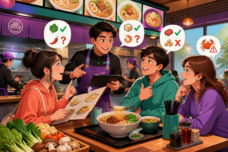 Two friends look at a menu in a casual Taiwan restaurant, practicing Traditional Chinese phrases for asking about food options in Taiwan Mandarin.