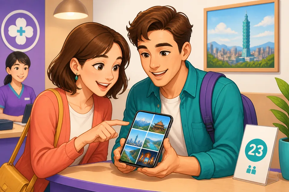 Anna and David look at travel photos together while discussing the best part of a trip in Traditional Chinese. The Taiwan Mandarin scene feels casual, warm, and story-like.