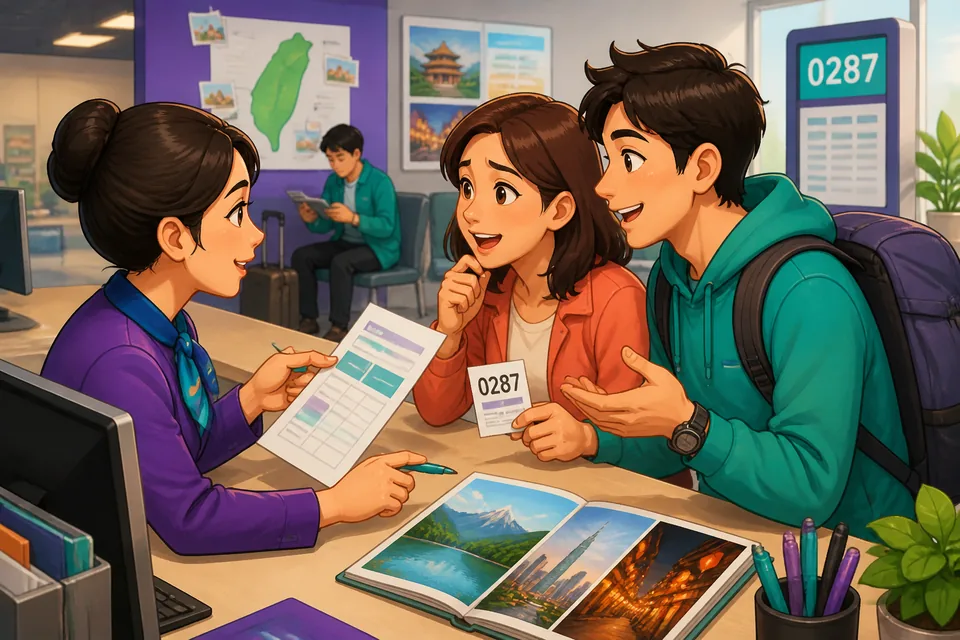 Two friends sit at a café with luggage nearby, chatting about last year’s trip in Taiwan Mandarin. Traditional Chinese travel phrases appear on postcards around the table.