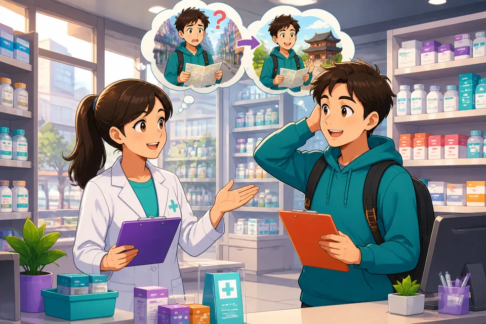 Anna and David chat at a table with postcards, a camera, and a train ticket between them. The image supports a Traditional Chinese Taiwan Mandarin dialogue about a trip that did not go as planned.