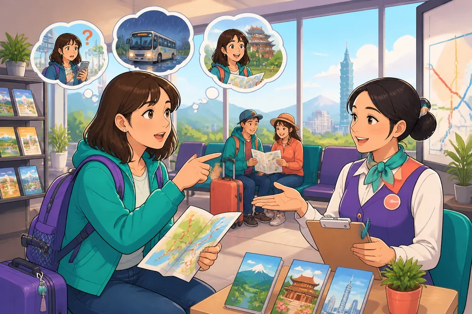 Two friends sit in a cozy café in Taiwan, looking through travel photos on a phone. Traditional Chinese captions highlight the Taiwan Mandarin topic of telling what happened on a trip.