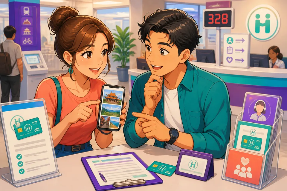 Anna and David chatting in a cozy Taipei café, using Traditional Chinese Taiwan Mandarin to tell stories about trips, first times, and surprising memories.