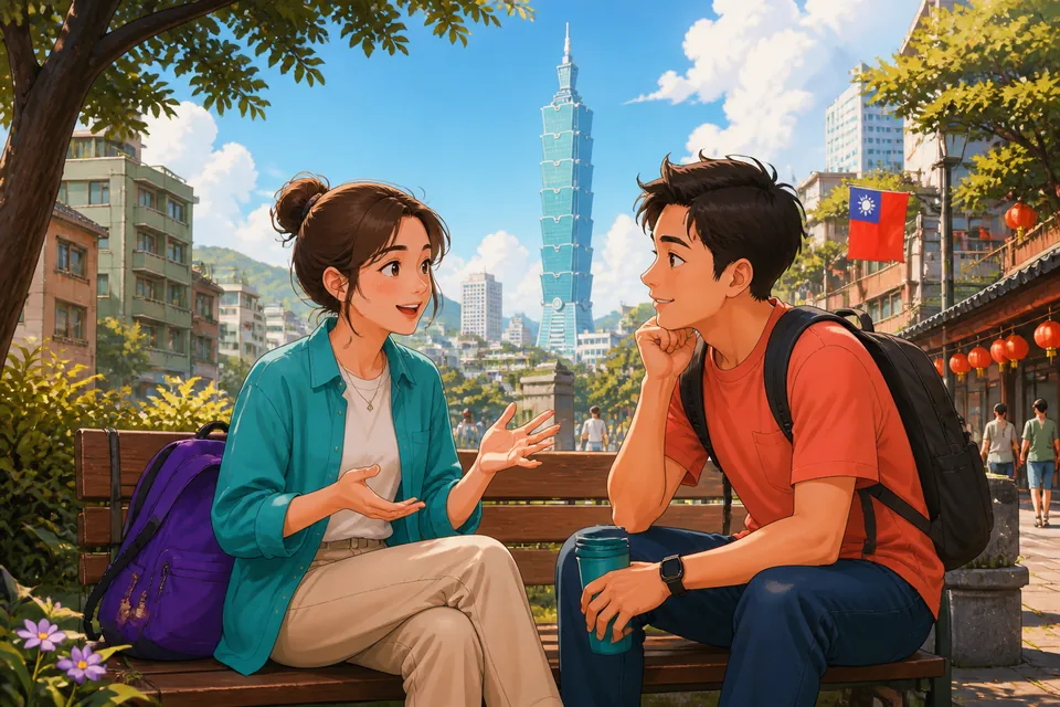Anna and David talking at a Taipei café, using Traditional Chinese Taiwan Mandarin to describe feelings, surprises, and reflections from past experiences.
