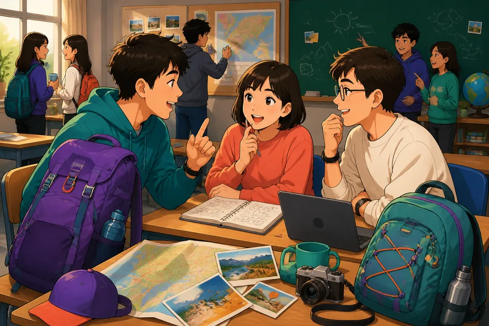 A learner looking at old travel photos on a phone while practicing Traditional Chinese phrases in Taiwan Mandarin about memories and changed plans.