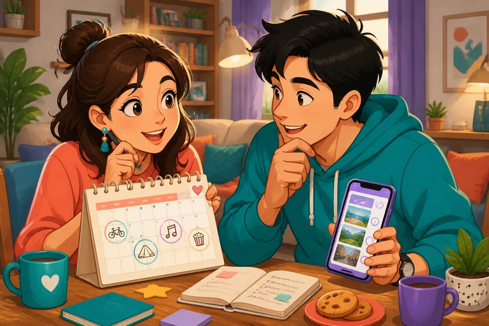 Anna and David chat naturally about uncertain future plans in Taiwan Mandarin, shown with Traditional Chinese text. The scene includes a calendar, train tickets, and a relaxed Taiwan café atmosphere.