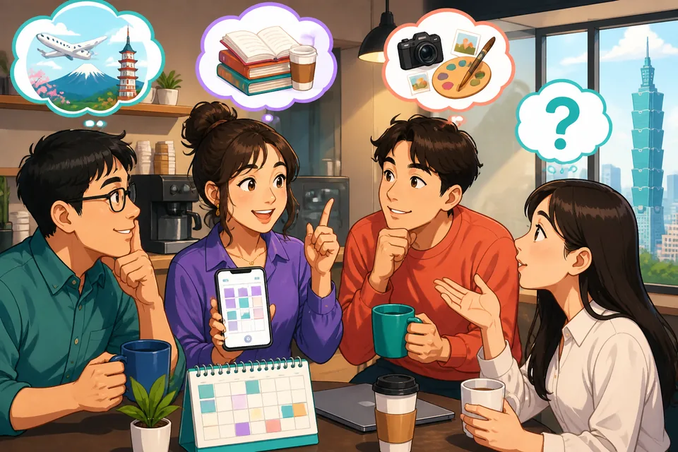 Two friends in a Taiwan café look at their phones and discuss future plans in Taiwan Mandarin with Traditional Chinese captions. The warm setting suggests casual planning for the weekend.