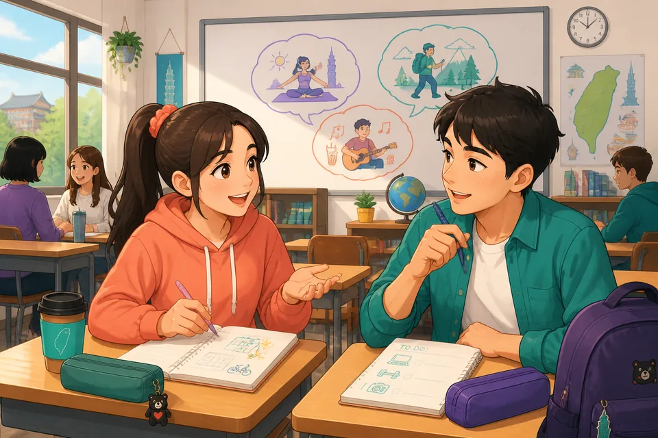 Anna and David chat in Taiwan Mandarin about weekend plans, saving money, and what to do after class, with Traditional Chinese captions shown beside them. The scene highlights natural conversation about future plans.