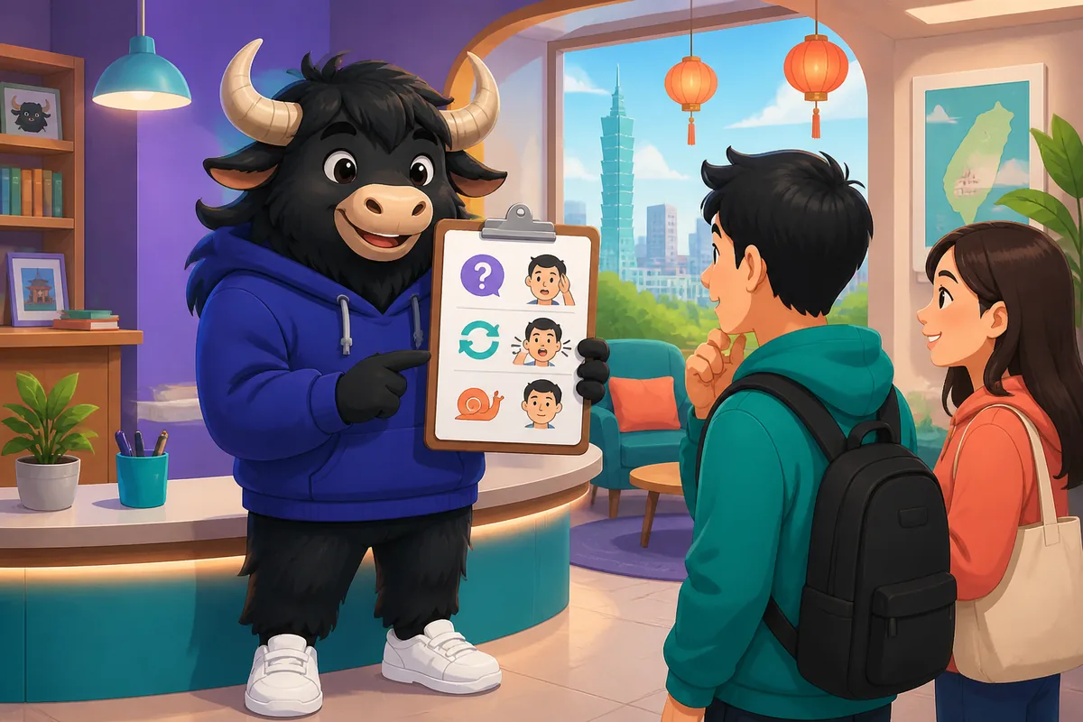 A learner in a Taiwan café smiles and asks for help while reading Traditional Chinese notes; the scene highlights Taiwan Mandarin clarification phrases for misunderstandings.