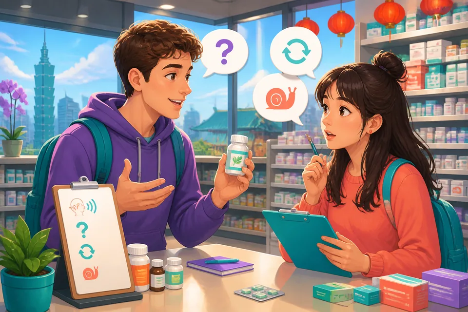 Anna and David talk at a language exchange table in Taiwan, using Traditional Chinese clarification phrases in spoken Taiwan Mandarin to check meaning.