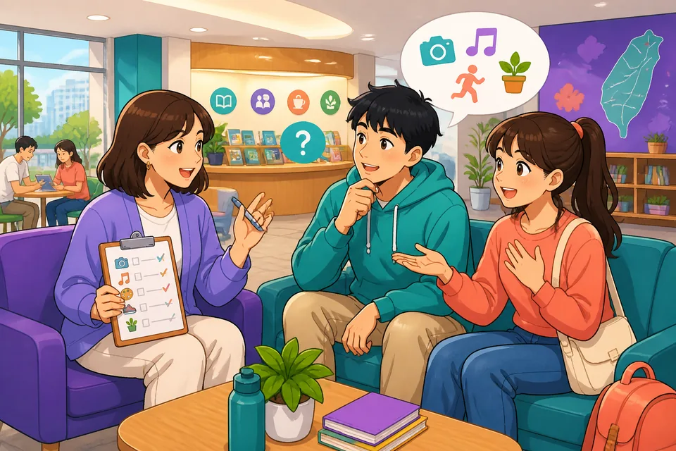 A learner looking at hobby photos—music, hiking, coffee, and language books—while practicing Traditional Chinese phrases in Taiwan Mandarin about personal interests.