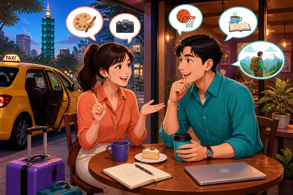 Anna and David sit by a window in a Taiwanese café discussing movies, baseball, and recommendations in Traditional Chinese. The Taiwan Mandarin dialogue shows how interests can lead to a natural conversation.