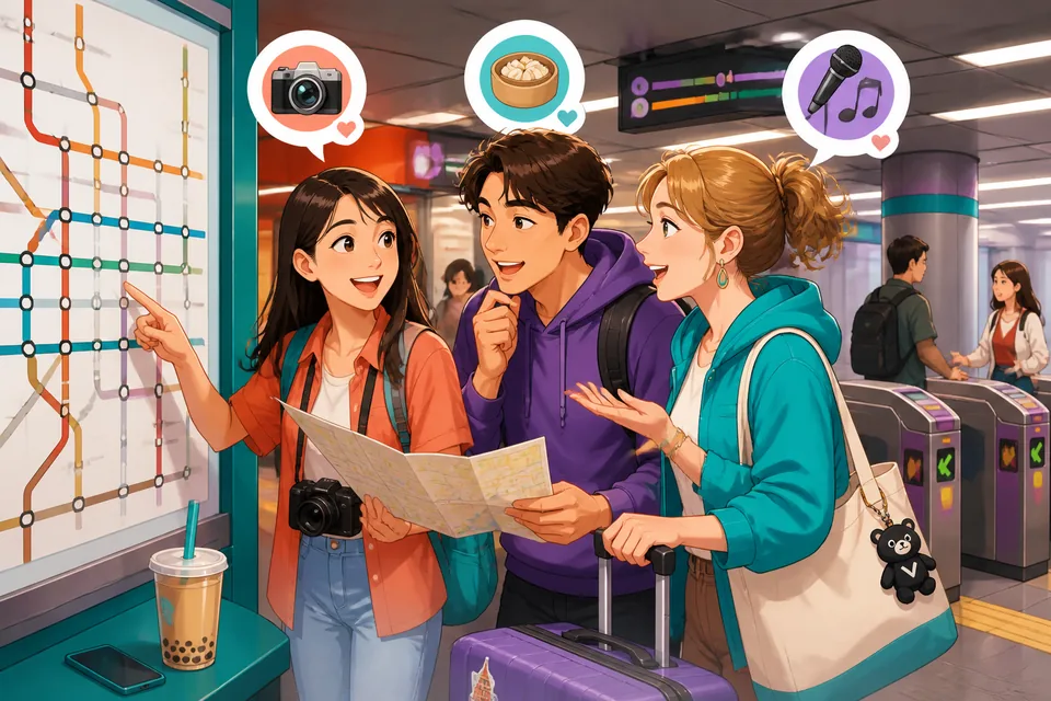 A friendly Taiwan Mandarin learning screen in Traditional Chinese introduces phrases for talking about personal interests. The scene feels warm and conversational, like preparing to chat with a new friend.
