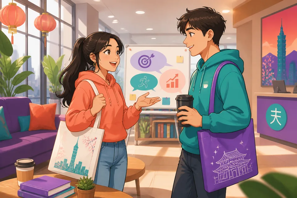 Anna and David chat about next steps, dreams, and study goals using Traditional Chinese in a natural Taiwan Mandarin conversation. Their expressions are thoughtful and encouraging.