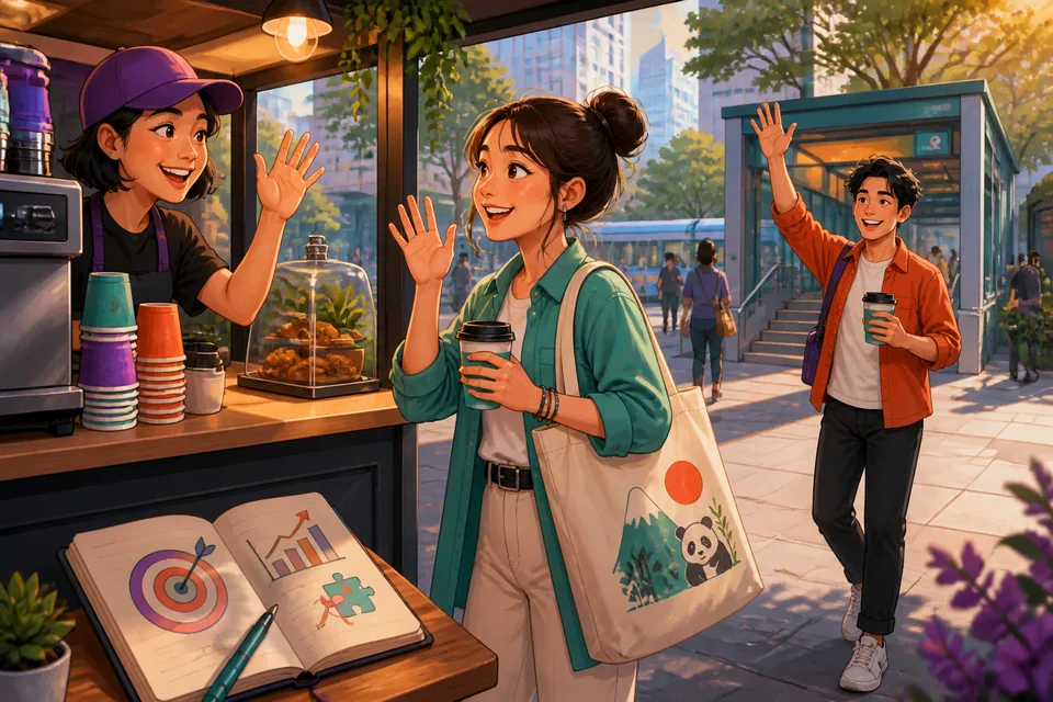 Two friends in a bright Taipei café discussing future plans in Taiwan Mandarin, with Traditional Chinese notes about goals on the table. The scene shows a relaxed personal-life conversation.