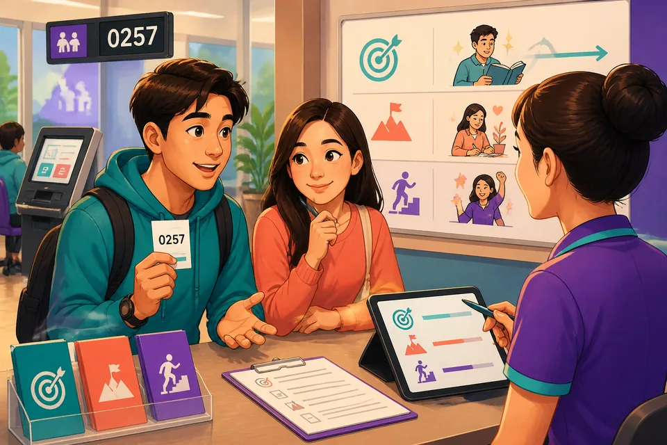 A bright desk scene with sticky notes, a phone calendar, and Traditional Chinese goal phrases, introducing a Taiwan Mandarin lesson on personal progress.