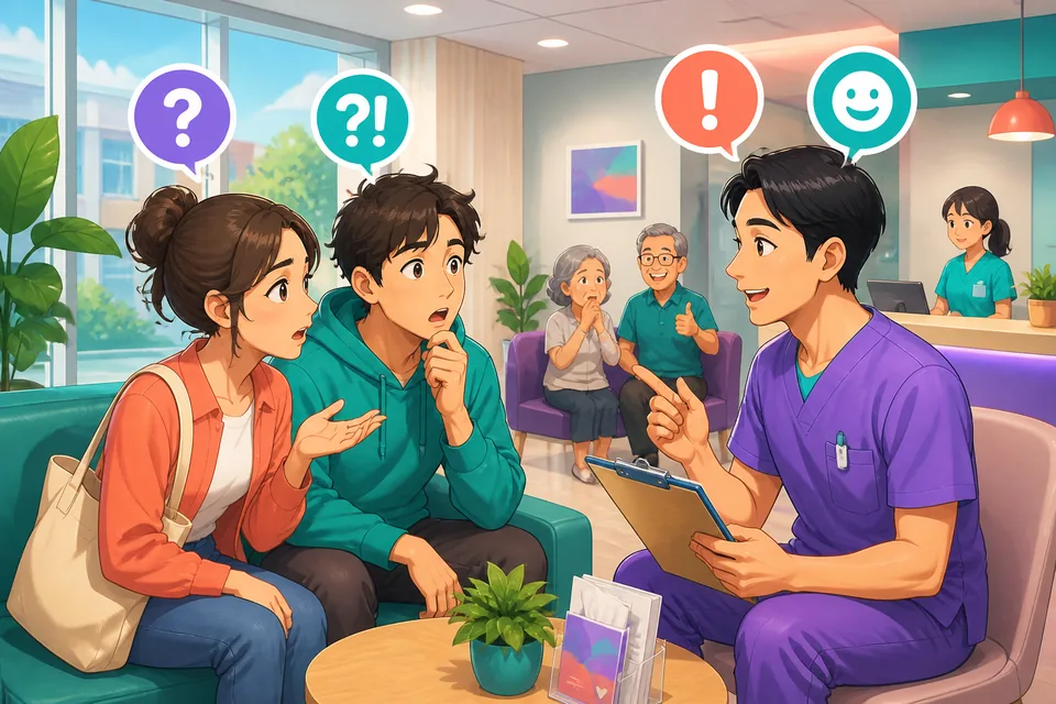 A learner studies Traditional Chinese on a phone while listening to Taiwan Mandarin reaction phrases for social conversations. The setting is warm and casual, with a notebook, tea, and speech bubbles showing emotional responses.