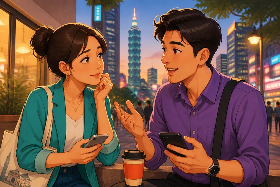 Anna and David chat naturally in Taiwan Mandarin using Traditional Chinese subtitles, practicing the lesson topic of reactions like empathy, interest, and bad-news responses.