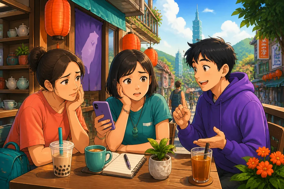 Two friends in a cozy Taipei café practice Traditional Chinese reactions in Taiwan Mandarin, smiling as they respond to good, bad, and useful news.