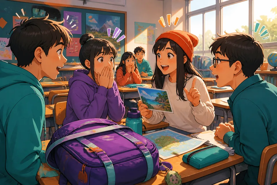 An English-speaking learner studies Traditional Chinese surprise phrases used in Taiwan Mandarin, with speech bubbles showing shocked and happy reactions.