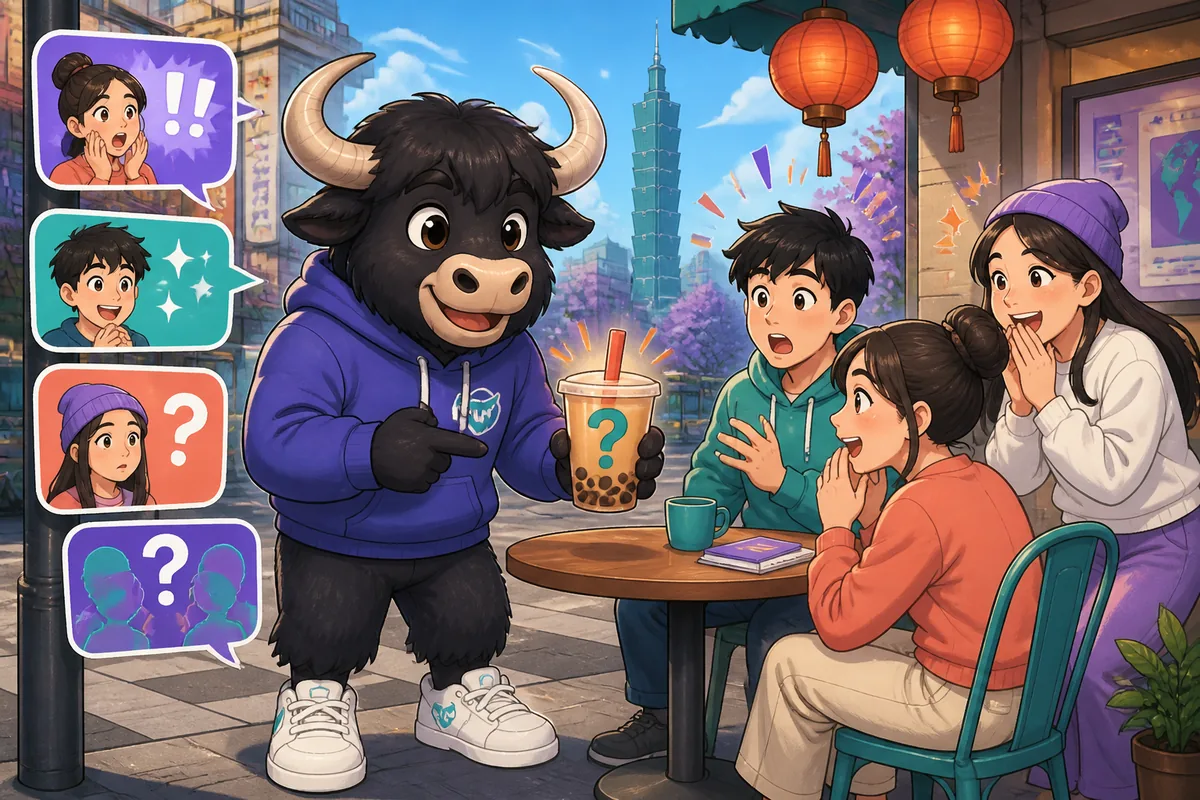 A lively Taiwan Mandarin lesson scene about surprise, with Traditional Chinese phrases floating around two friends reacting to unexpected good news. The mood is bright, playful, and conversational.