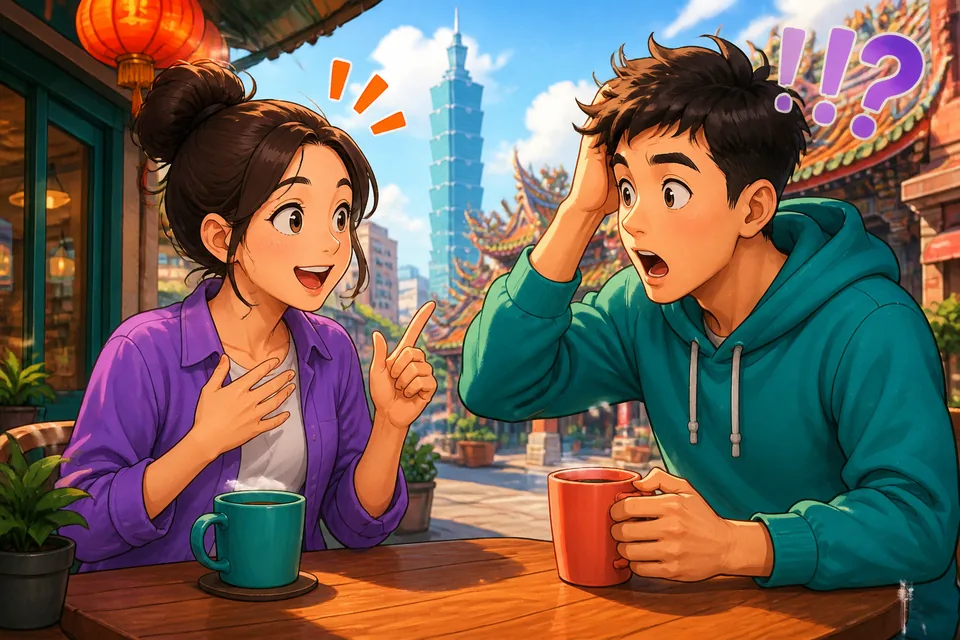 Anna and David chat in Taiwan using Traditional Chinese and natural Taiwan Mandarin reactions to surprising news. Their expressions show shock, laughter, and friendly curiosity.