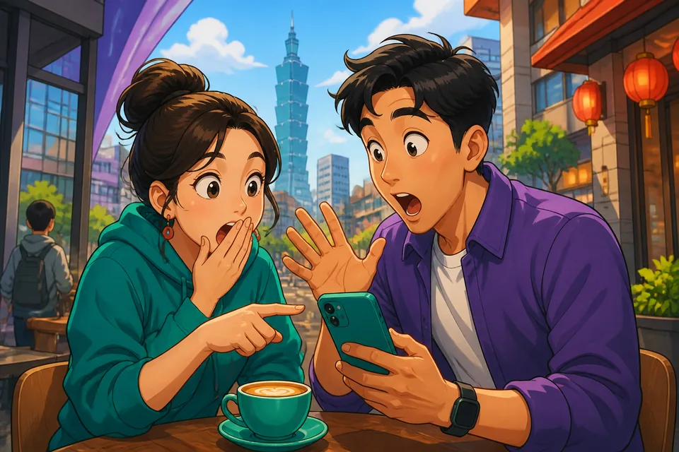 A learner studies Traditional Chinese on a phone in a cozy Taipei café, practicing Taiwan Mandarin surprise phrases like “Seriously?” and “That’s amazing!”