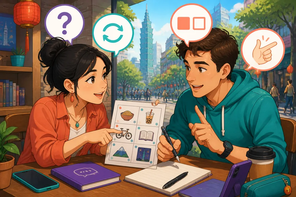 Anna and David look at a worksheet together in Taiwan Mandarin class, using Traditional Chinese phrases to ask which word, which item, and whether something is correct.