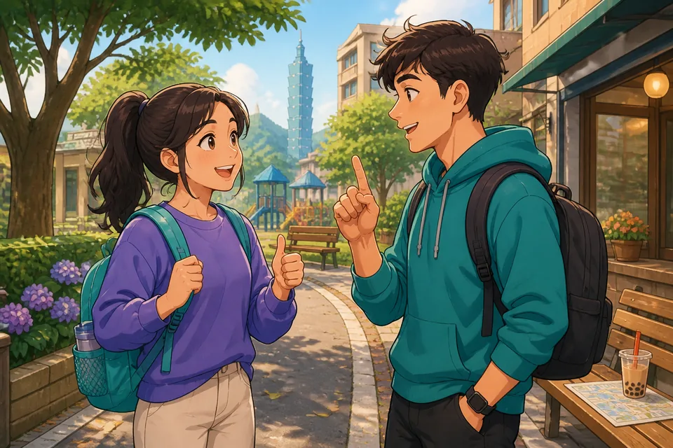 Anna and David chatting at a small table in Taiwan, using Traditional Chinese agreement phrases while making simple plans. The scene shows Taiwan Mandarin conversation practice for saying “Good idea” and “Absolutely.”