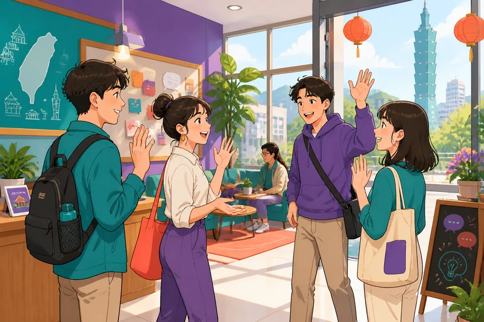 A warm classroom-style scene with a teacher introducing Traditional Chinese phrases for soft disagreement in Taiwan Mandarin. Speech bubbles show people considering another point of view.