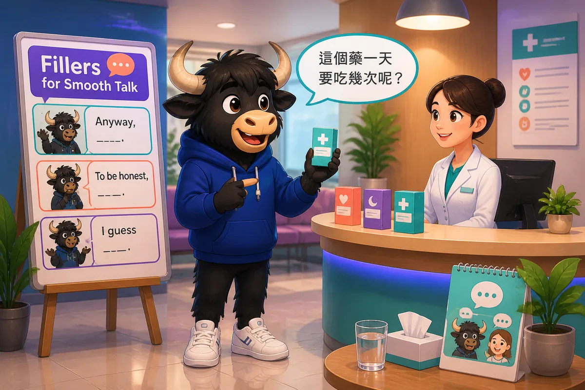 A cozy Taiwan café scene with speech bubbles in Traditional Chinese showing Taiwan Mandarin fillers for smooth conversation. The lesson topic is using social glue phrases like “anyway” and “to be honest.”