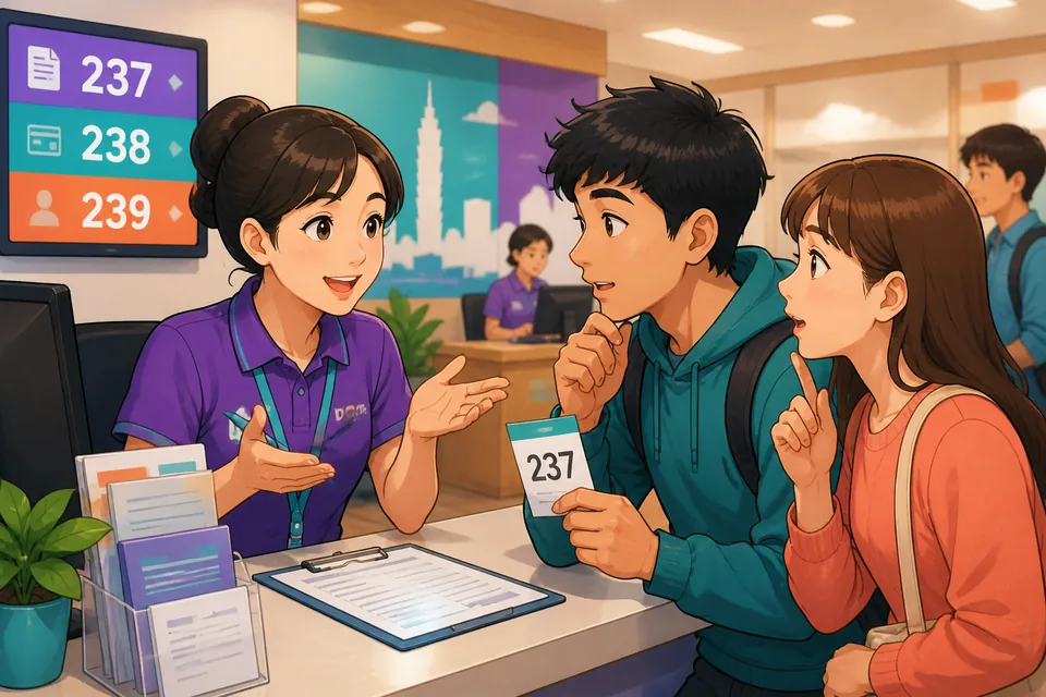 A lively café in Taiwan with Traditional Chinese signs, where learners practice Taiwan Mandarin phrases for shifting topics politely. Speech bubbles show phrases like 對了 and 另外 as conversational bridges.
