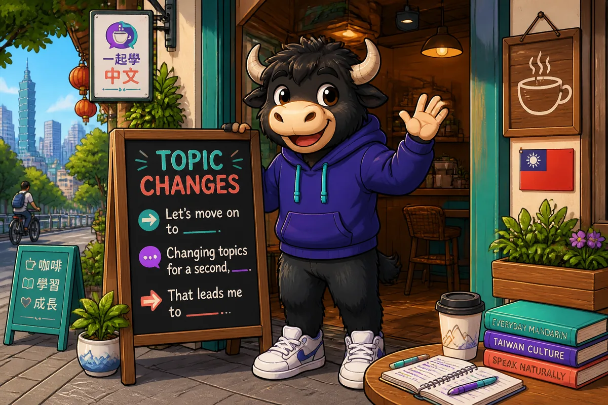 A lively Taiwan Mandarin conversation scene in Traditional Chinese, with two friends smoothly changing topics over coffee. Speech bubbles show the lesson topic: topic changes.