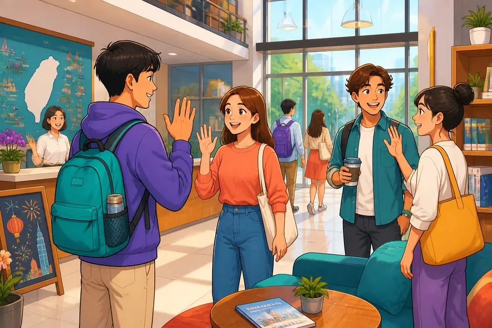 A bright café in Taiwan where learners see Traditional Chinese phrases for changing topics in Taiwan Mandarin. The scene highlights friendly social glue during conversation.