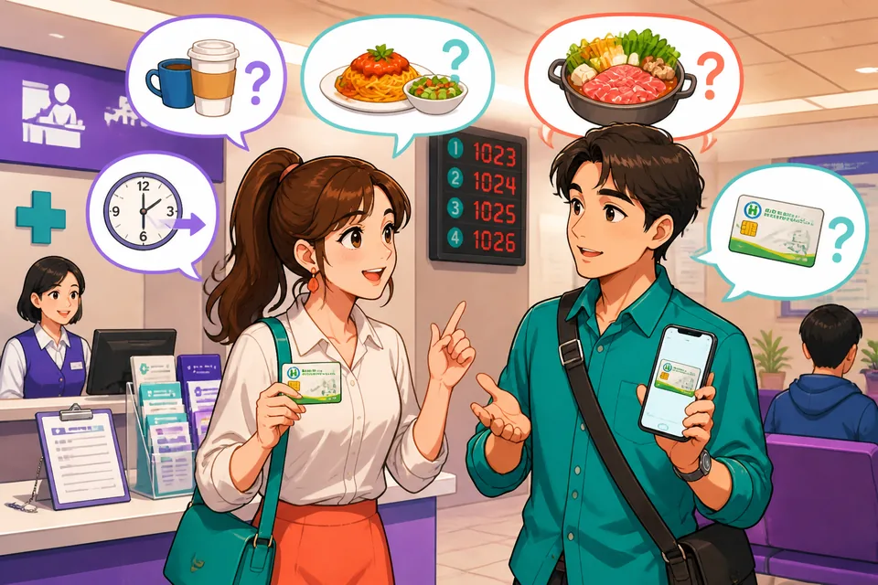 Anna and David talking at a Taipei coffee shop, using Traditional Chinese social glue phrases to discuss plans, problems, and next steps in Taiwan Mandarin.