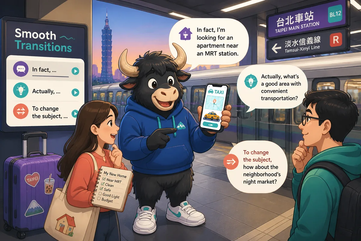 A lively café scene in Taiwan with speech bubbles showing Traditional Chinese transition phrases for Smooth Transitions in Taiwan Mandarin.
