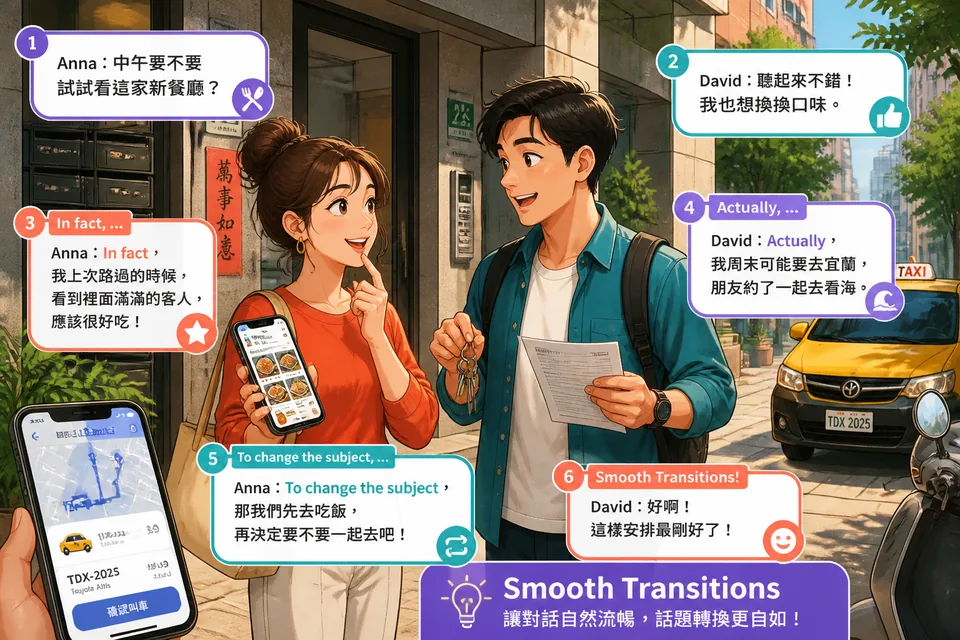Anna and David talk at a Taiwan café, using Traditional Chinese social glue phrases in Taiwan Mandarin to clarify, shift topics, and return to the plan.