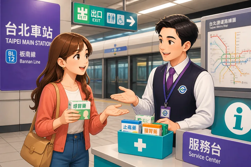 Anna asks David for help near an elevator sign in Taiwan, practicing Traditional Chinese phrases for finding help and asking someone to show the way.