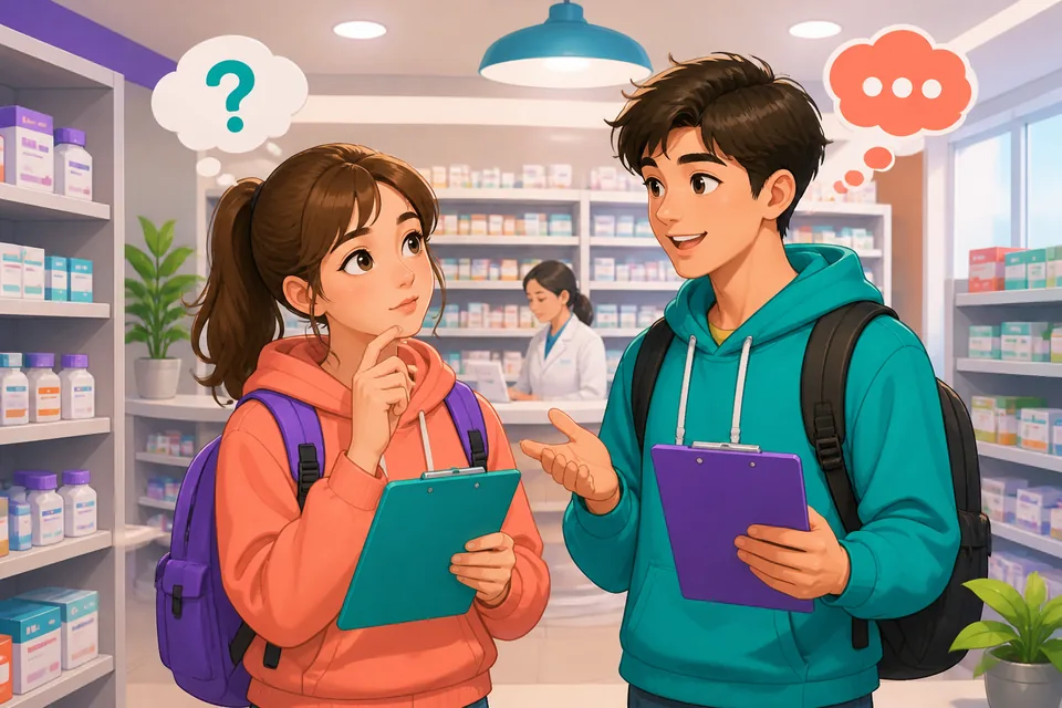 Anna and David talk in a Taiwan café while choosing where to eat, with Traditional Chinese speech bubbles showing hesitation phrases. The scene highlights natural social glue in spoken Taiwan Mandarin.