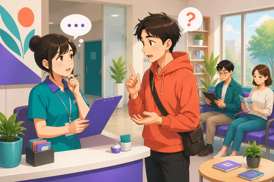 Traditional Chinese text for a Taiwan Mandarin lesson on hesitation appears beside a notebook, tea, and a phone. The scene shows a learner using pause phrases to think before answering.