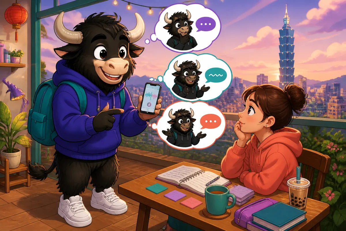 A cozy Taiwan café scene for a Traditional Chinese Taiwan Mandarin lesson on hesitation, with two friends chatting while thinking of the right words. Speech bubbles show natural pause phrases in Traditional Chinese.