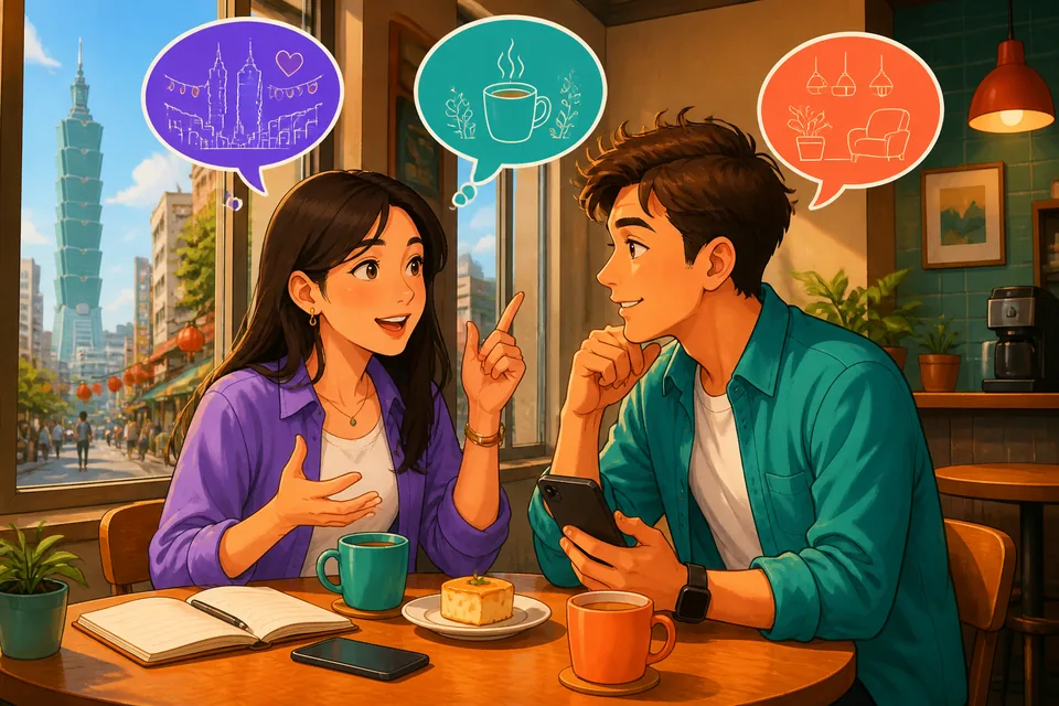 Anna and David talk in a Taiwanese café during a Traditional Chinese Taiwan Mandarin lesson on hesitation. They look relaxed as they describe the café style using soft, natural spoken phrases.