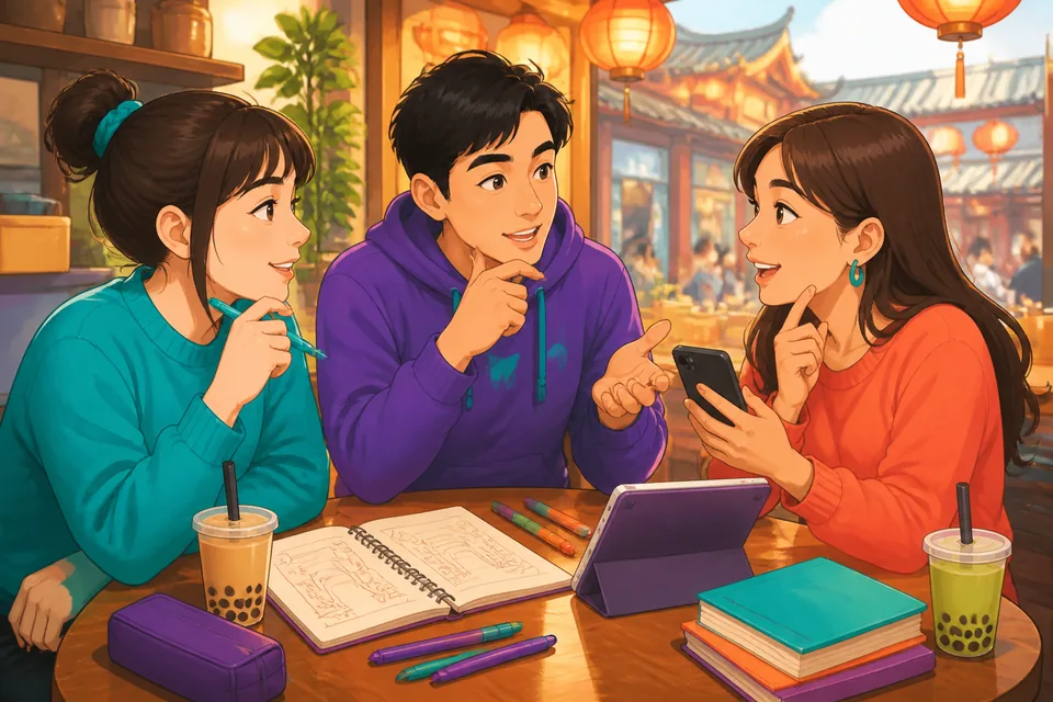 A learner studies Traditional Chinese phrases for Taiwan Mandarin hesitation at a small desk with tea, notes, and a phone for listening practice. The scene feels warm, casual, and beginner-friendly.