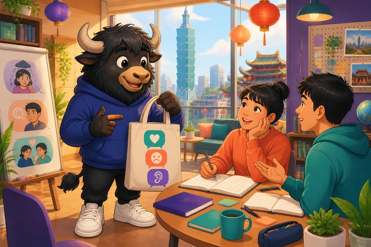 A warm café scene in Taiwan with two friends talking kindly, showing the Traditional Chinese Taiwan Mandarin lesson topic of empathy and emotional support.