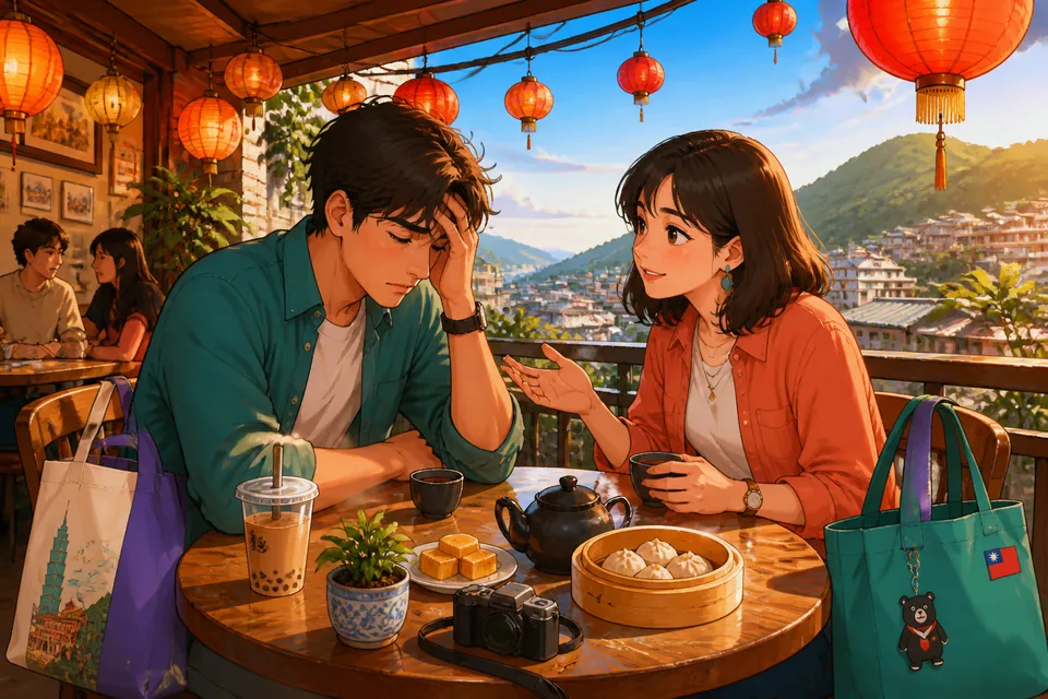 Anna and David sit across from each other in a quiet Taiwan café, using Traditional Chinese Taiwan Mandarin phrases to discuss stress and support.
