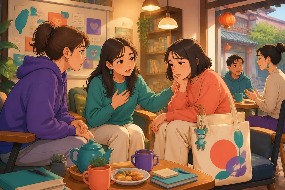 A learner studies Traditional Chinese empathy phrases on a phone while sitting near a rainy Taipei window, practicing Taiwan Mandarin for comforting a friend.