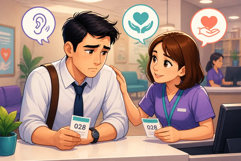 Anna and David talk quietly at a table after a stressful day, with one friend offering reassurance. The scene supports a Traditional Chinese Taiwan Mandarin dialogue about empathy.