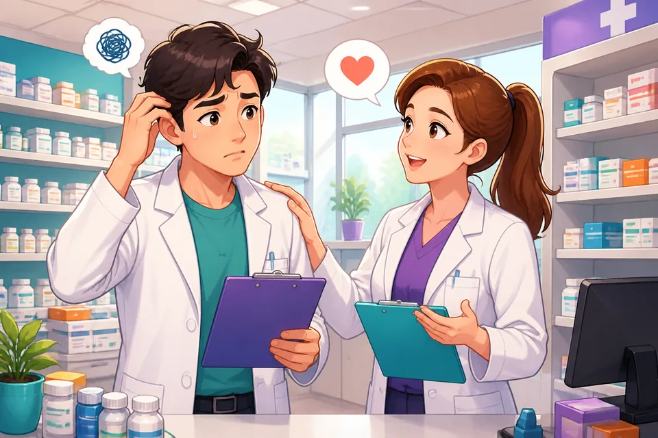 Anna encourages David while he practices a presentation, with Traditional Chinese Taiwan Mandarin phrases shown nearby. The scene highlights encouragement, reassurance, and offering help.