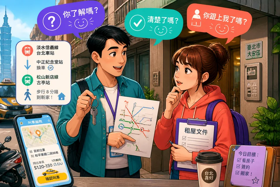 Anna and David sit at a café table in Taiwan, looking at a simple map and using Traditional Chinese checking-understanding phrases. The Taiwan Mandarin lesson topic is making sure someone can follow directions.