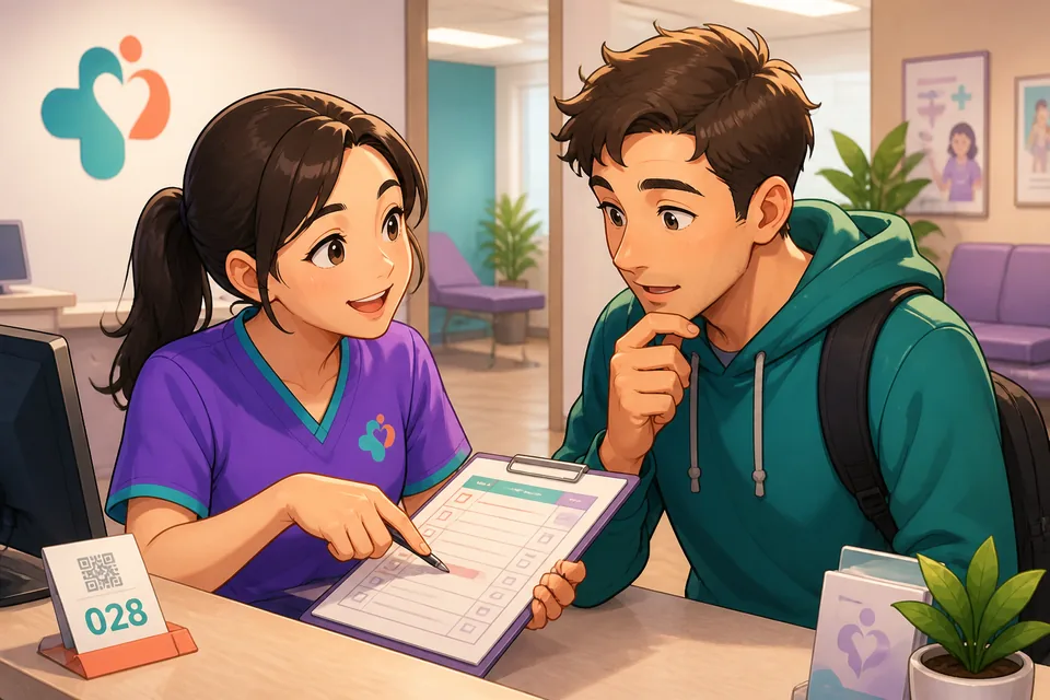 Anna explains a signup form to David in a bright café, using Taiwan Mandarin phrases in Traditional Chinese to check understanding.